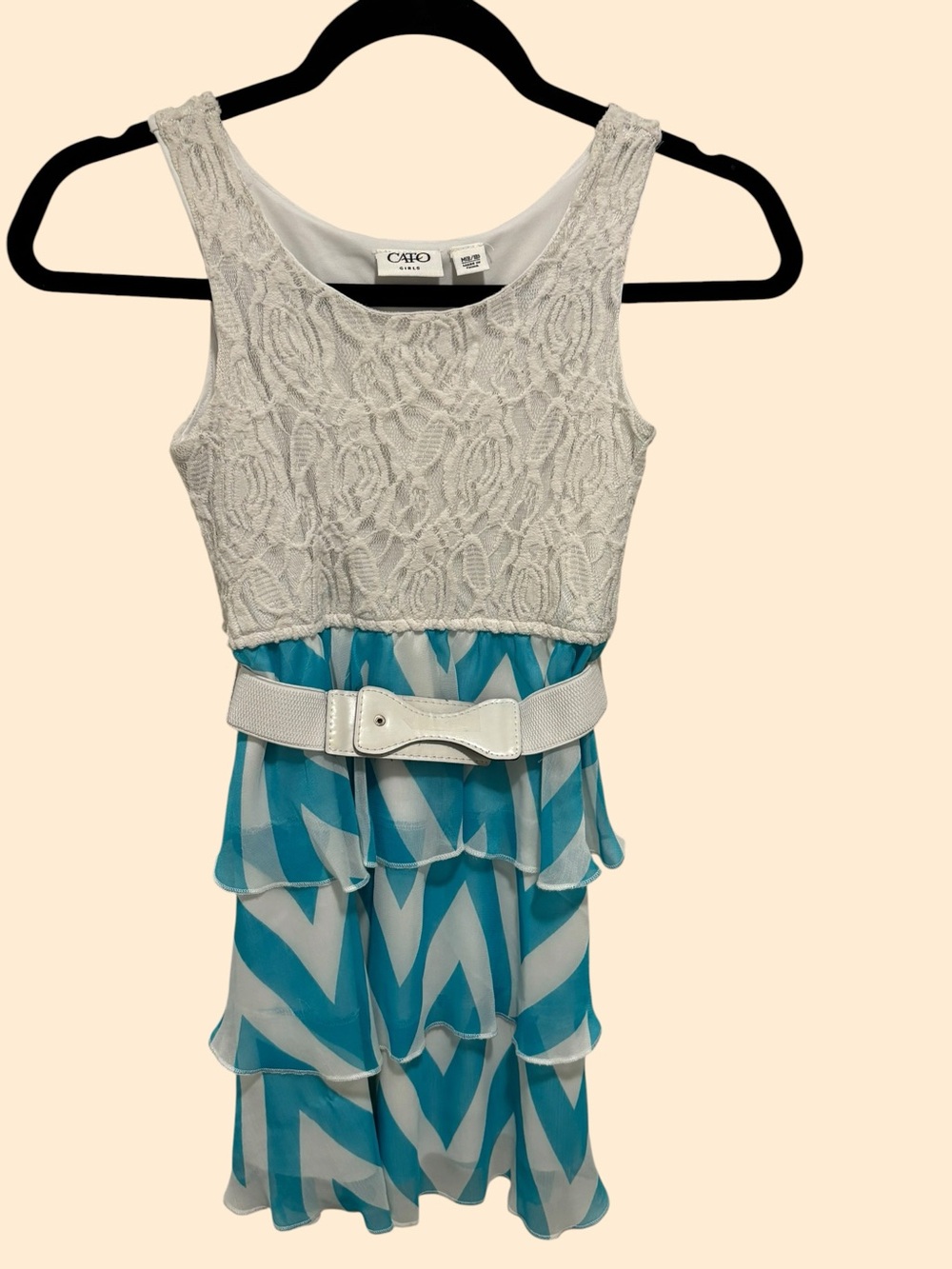 Cato White Lace Top with Blue Patterned Tiered Skirt and Belt Size M 8/10